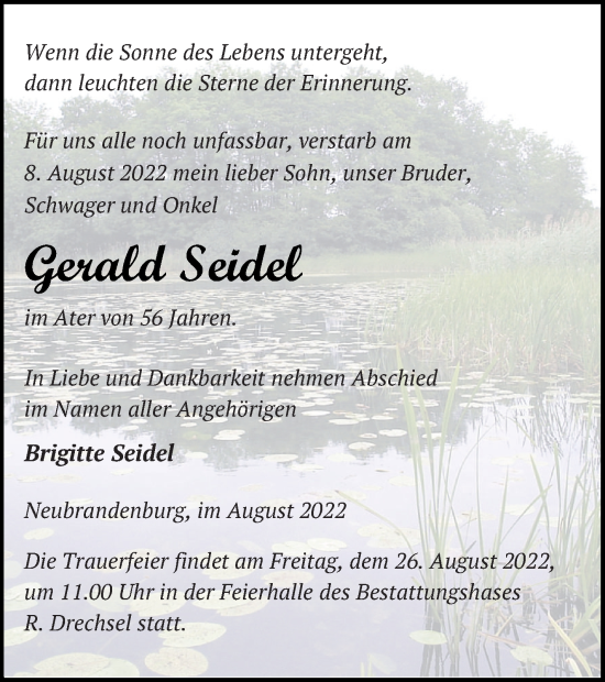 Traueranzeige von Gerald Seidel von Neubrandenburger Zeitung