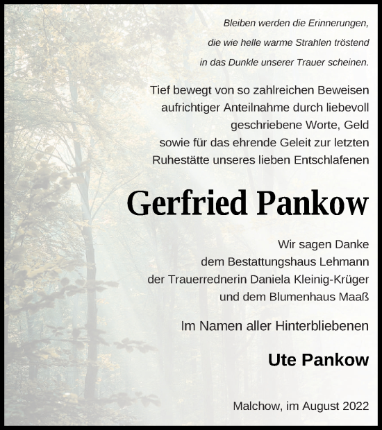 Traueranzeige von Gerfried Pankow von Pasewalker Zeitung