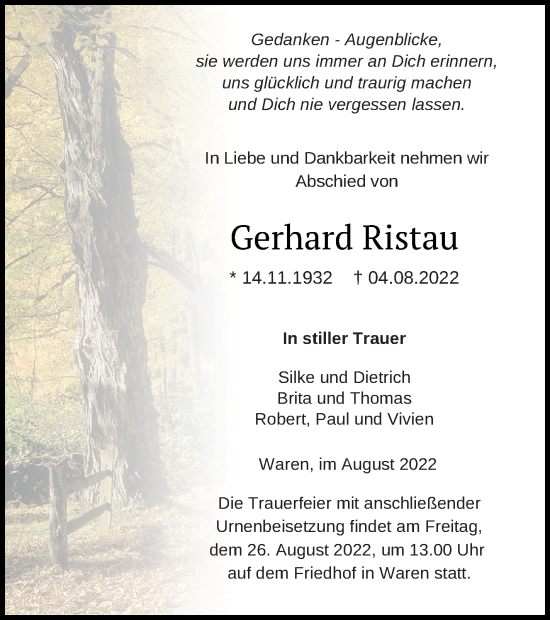 Traueranzeige von Gerhard Ristau von Müritz-Zeitung