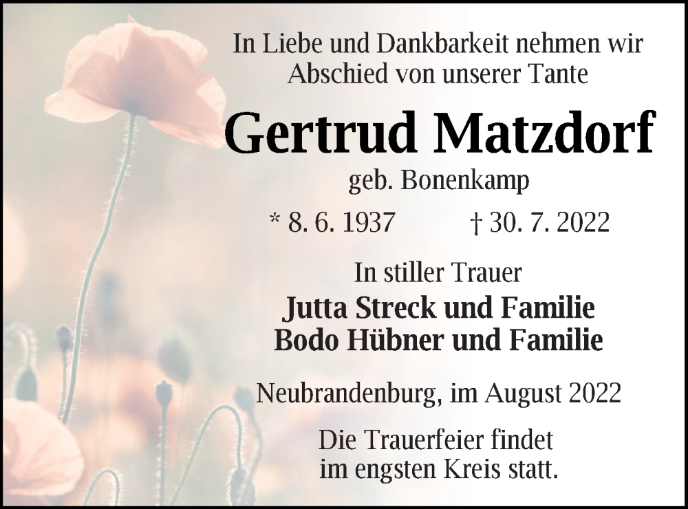  Traueranzeige für Gertrud Matzdorf vom 05.08.2022 aus Pasewalker Zeitung