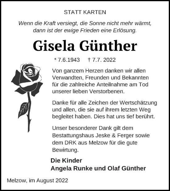 Traueranzeige von Gisela Günther von Prenzlauer Zeitung