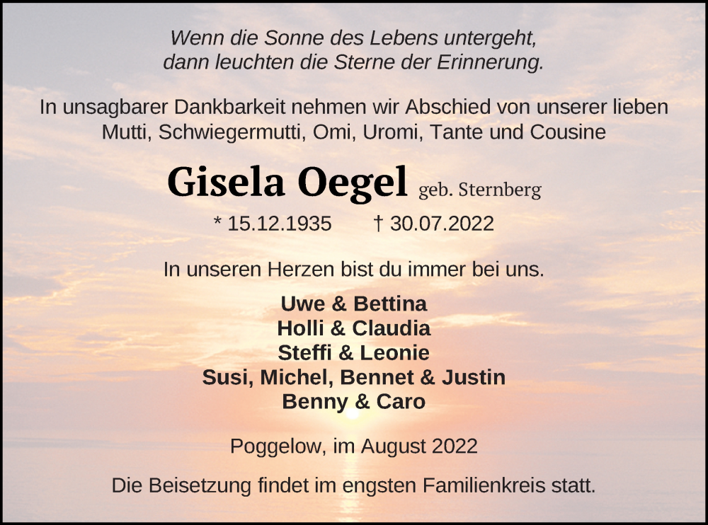  Traueranzeige für Gisela Oegel vom 04.08.2022 aus Mecklenburger Schweiz