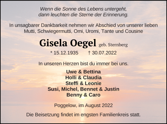 Traueranzeige von Gisela Oegel von Mecklenburger Schweiz