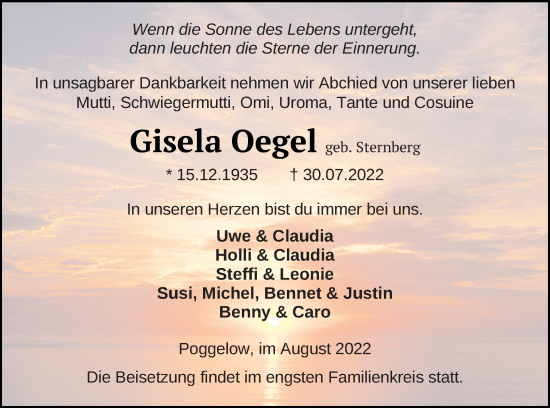 Traueranzeige von Gisela Oegel von Mecklenburger Schweiz