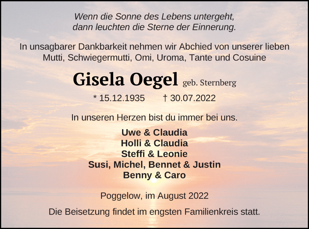  Traueranzeige für Gisela Oegel vom 03.08.2022 aus Mecklenburger Schweiz