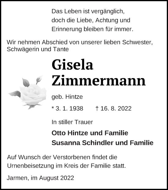 Traueranzeige von Gisela Zimmermann von Vorpommern Kurier