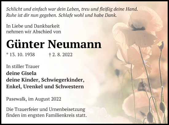 Traueranzeige von Günter Neumann von Pasewalker Zeitung