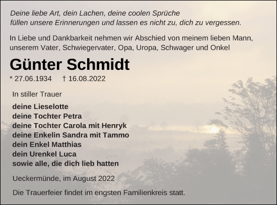 Traueranzeige von Günter Schmidt von Haff-Zeitung