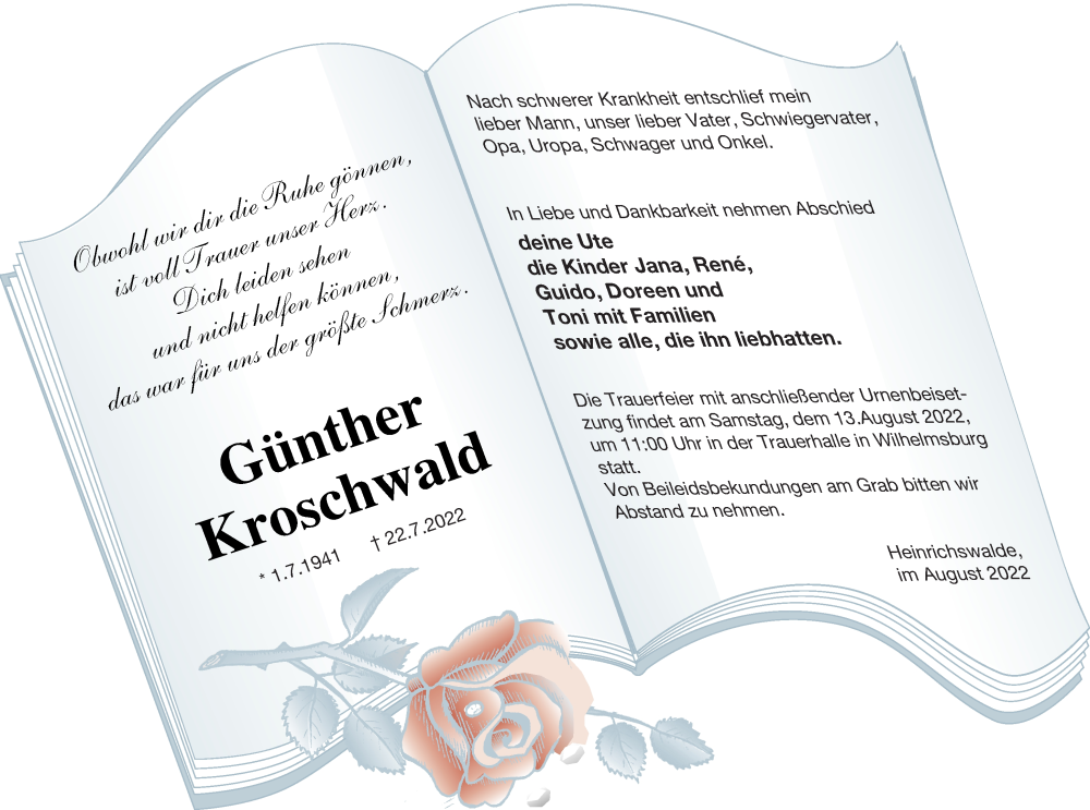 Traueranzeige für Günther Kroschwald vom 06.08.2022 aus Haff-Zeitung