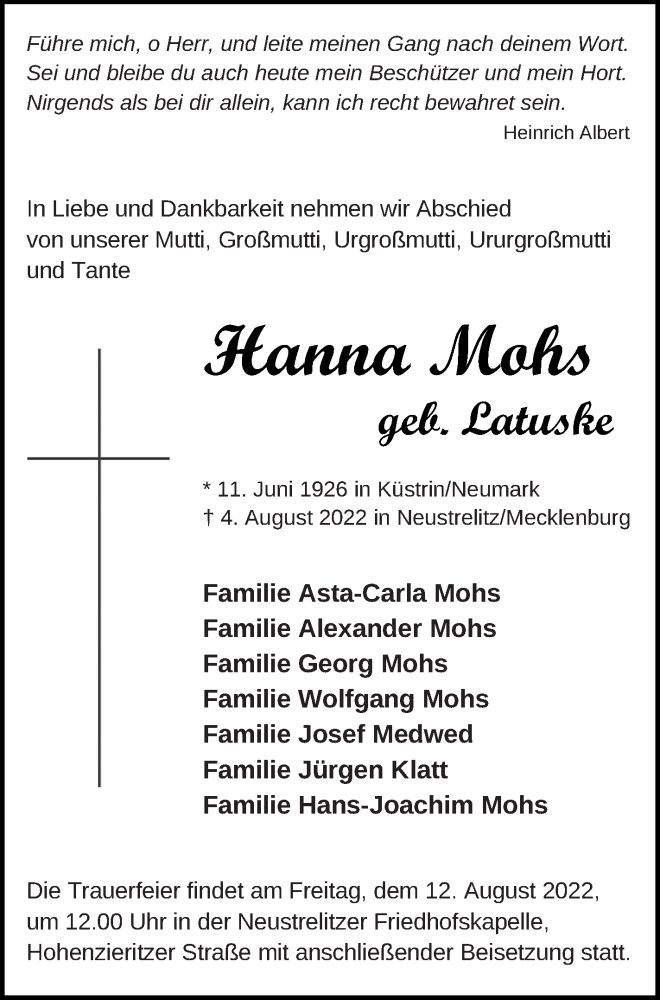  Traueranzeige für Hanna Mohs vom 06.08.2022 aus Strelitzer Zeitung