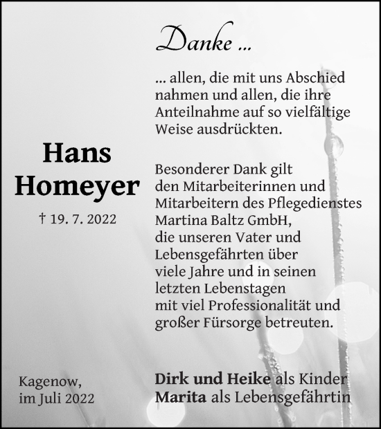 Traueranzeige von Hans Homeyer von Vorpommern Kurier