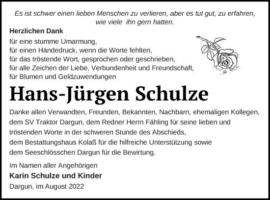 Traueranzeige von Hans-Jürgen Schulze von Demminer Zeitung