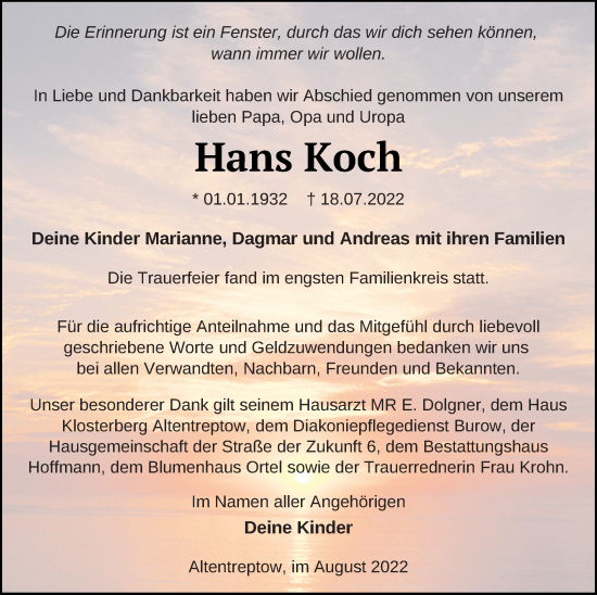 Traueranzeige von Hans Koch von Neubrandenburger Zeitung