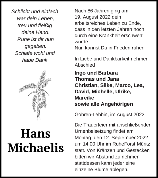 Traueranzeige von Hans Michaelis von Müritz-Zeitung