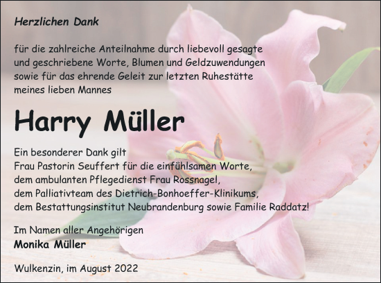 Traueranzeige von Harry Müller von Neubrandenburger Zeitung