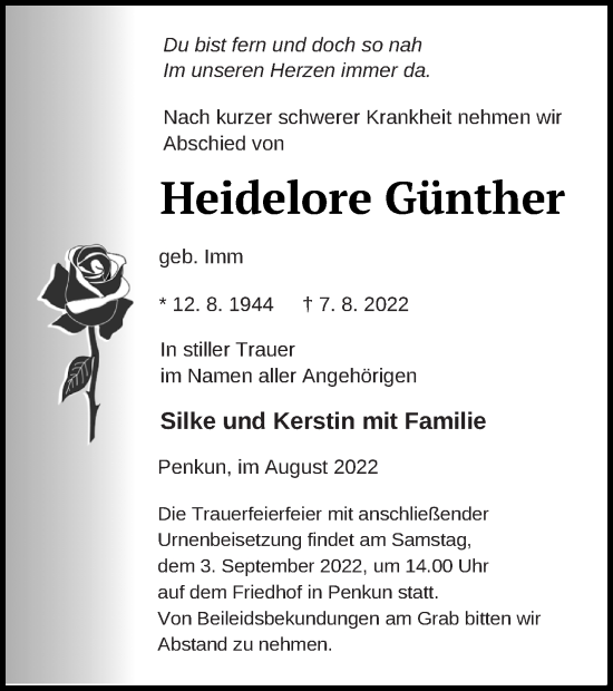 Traueranzeige von Heidelore Günther von Pasewalker Zeitung