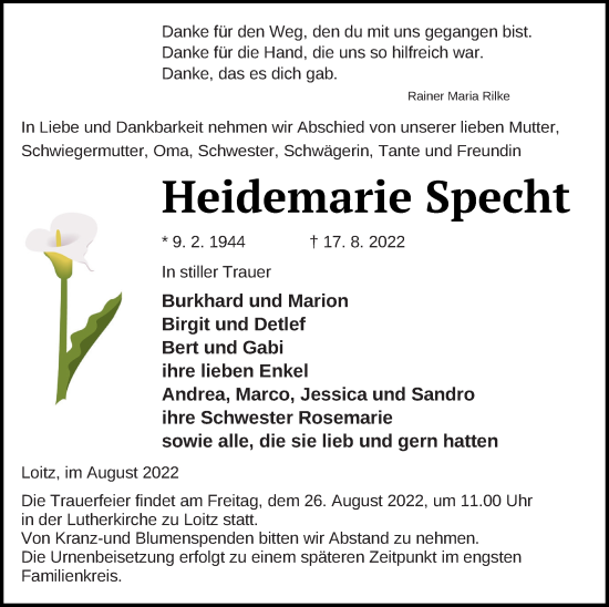 Traueranzeige von Heidemarie Specht von Vorpommern Kurier