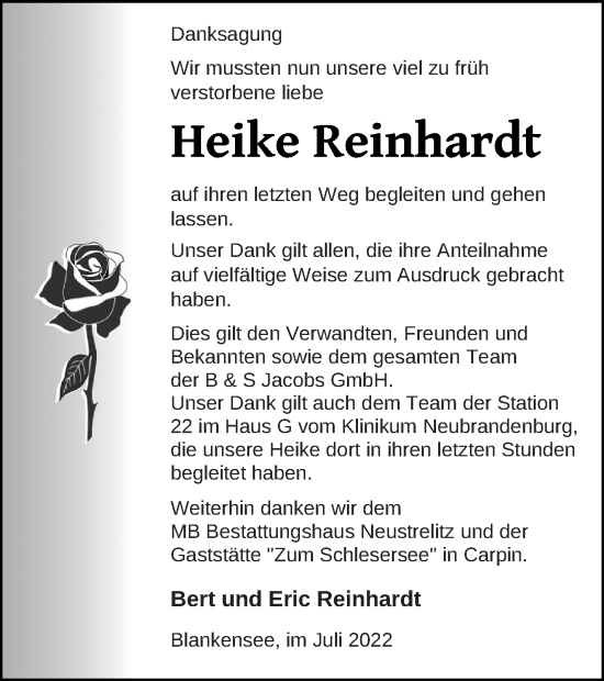 Traueranzeige von Heike Reinhardt von Strelitzer Zeitung