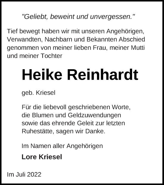 Traueranzeige von Heike Reinhardt von Pasewalker Zeitung