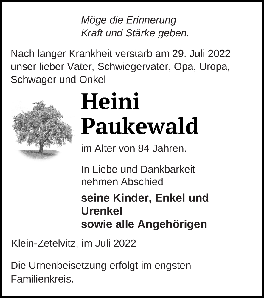  Traueranzeige für Heini Paukewald vom 03.08.2022 aus Vorpommern Kurier