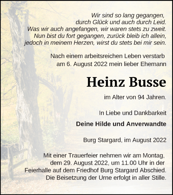 Traueranzeige von Heinz Busse von Neubrandenburger Zeitung