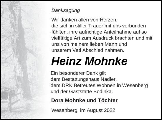 Traueranzeige von Heinz Mohnke von Strelitzer Zeitung