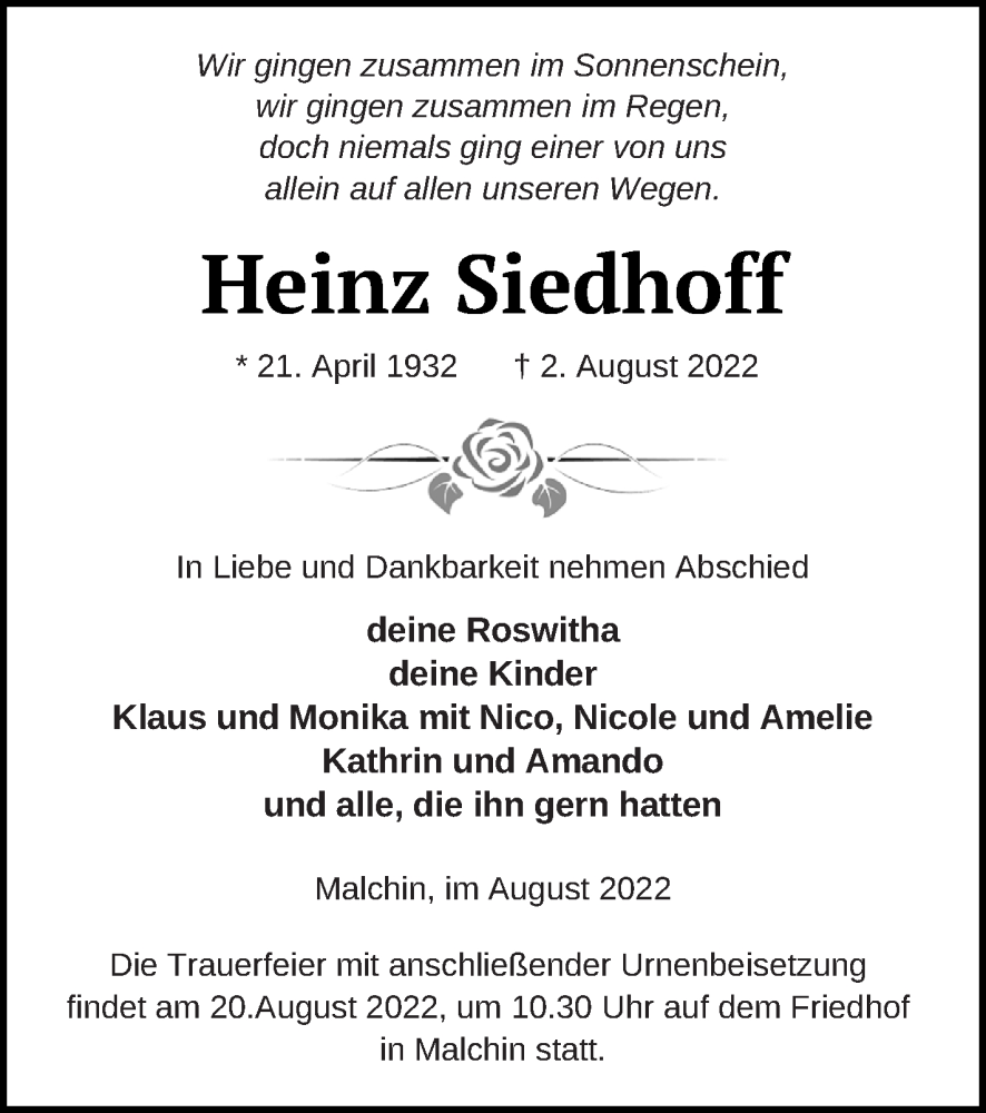  Traueranzeige für Heinz Siedhoff vom 12.08.2022 aus Mecklenburger Schweiz