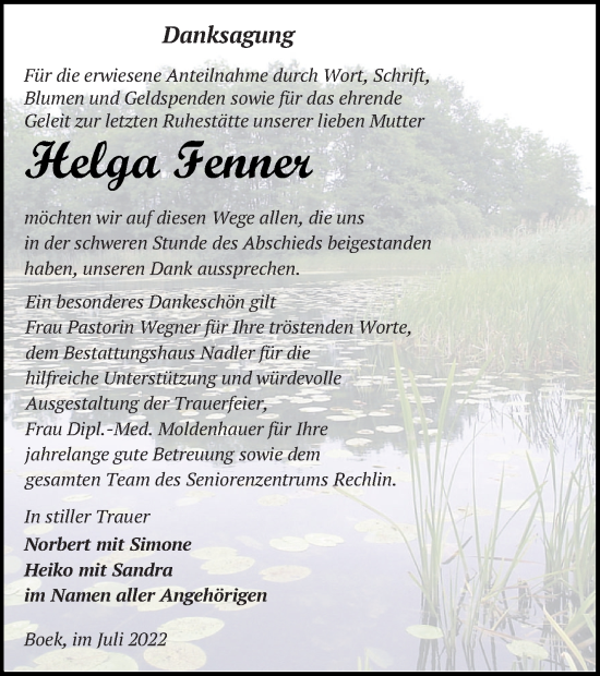 Traueranzeige von Helga Fenner von Müritz-Zeitung