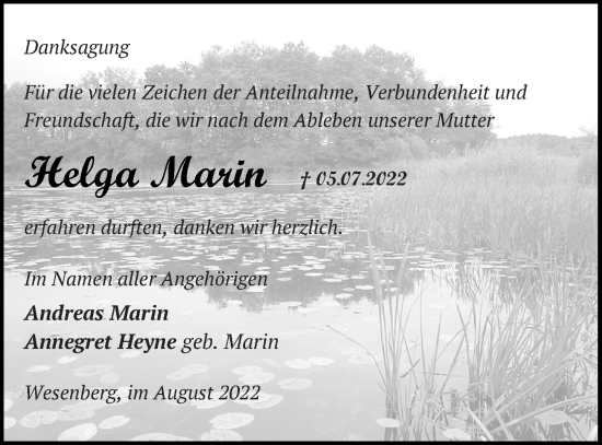 Traueranzeige von Helga Marin von Mecklenburger Schweiz