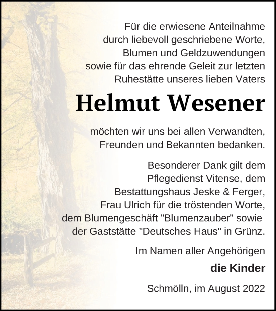 Traueranzeige von Helmut Wesener von Pasewalker Zeitung