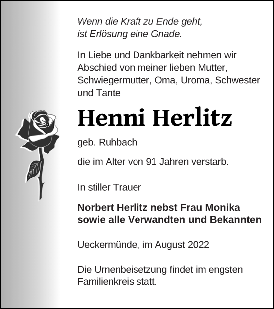 Traueranzeige von Henni Herlitz von Haff-Zeitung
