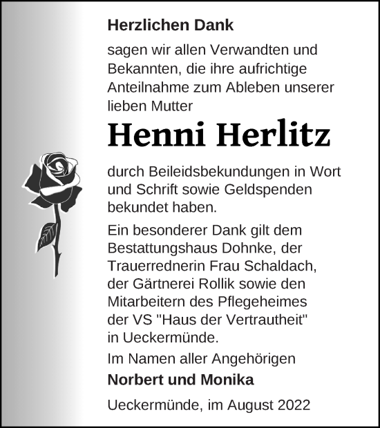 Traueranzeige von Henni Herlitz von Haff-Zeitung