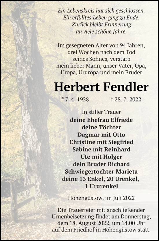 Traueranzeige von Herbert Fendler von Prenzlauer Zeitung