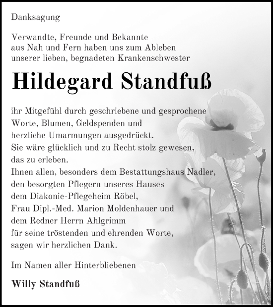 Traueranzeige von Hildegard Standfuß von Müritz-Zeitung