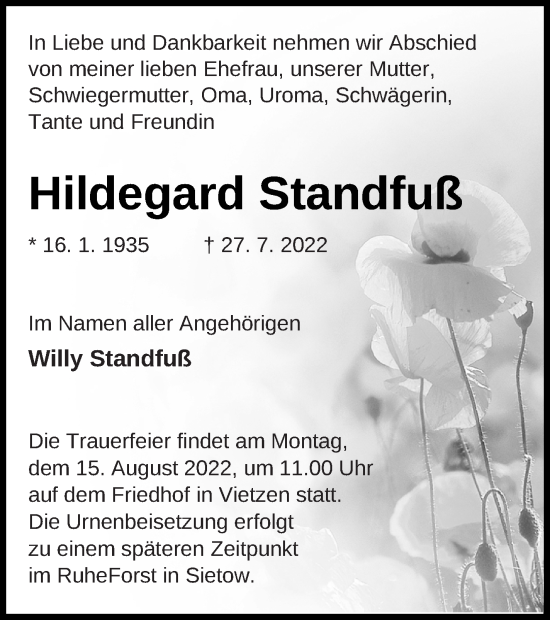 Traueranzeige von Hildegard Standfuß von Müritz-Zeitung