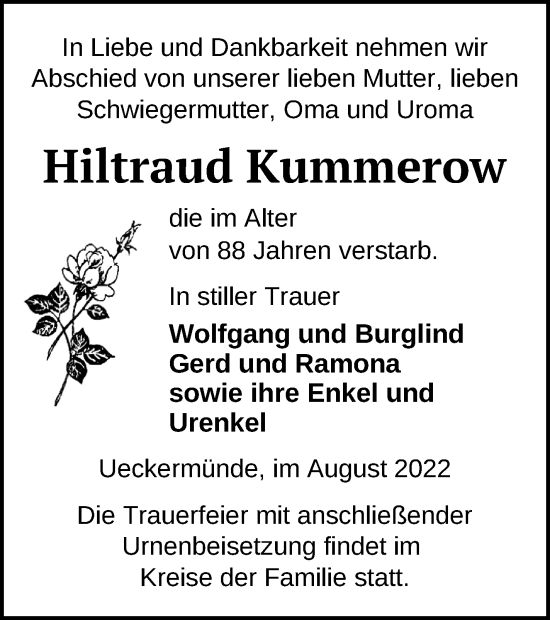 Traueranzeige von Hiltraud Kummerow von Haff-Zeitung