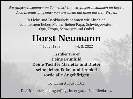 Traueranzeige von Horst Neumann von Vorpommern Kurier