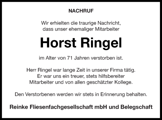 Traueranzeige von Horst Ringel von Treptower Tageblatt