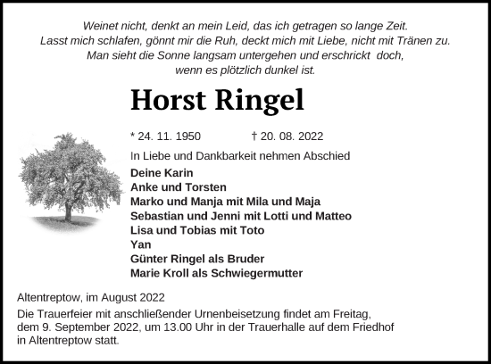 Traueranzeige von Horst Ringel von Neubrandenburger Zeitung