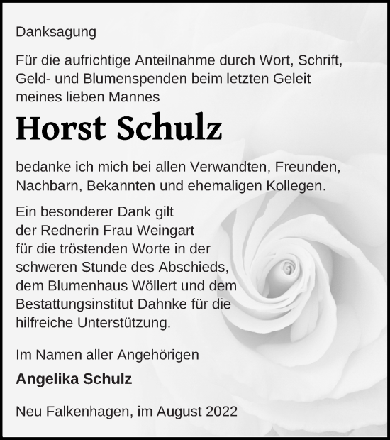 Traueranzeige von Horst Schulz von Müritz-Zeitung