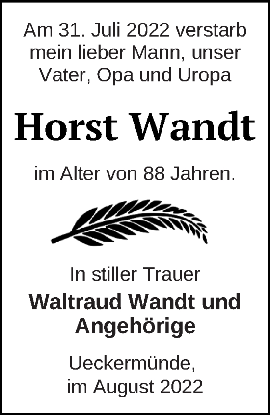 Traueranzeige von Horst Wandt von Haff-Zeitung
