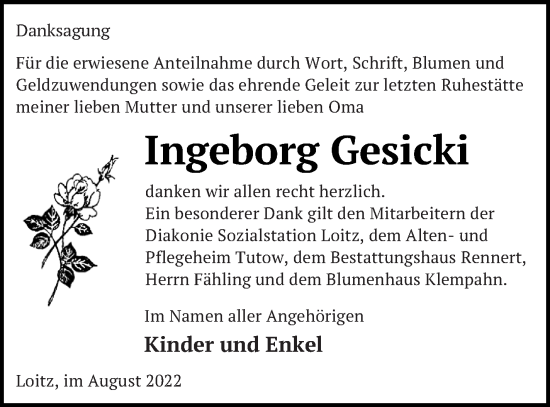 Traueranzeige von Ingeborg Gesicki von Vorpommern Kurier