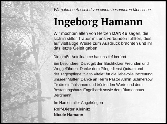 Traueranzeige von Ingeborg Hamann von Müritz-Zeitung