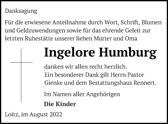 Traueranzeige von Ingelore Humburg von Vorpommern Kurier