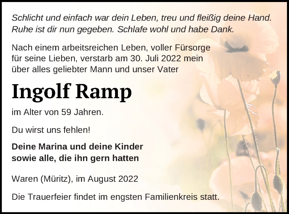  Traueranzeige für Ingolf Ramp vom 05.08.2022 aus Müritz-Zeitung