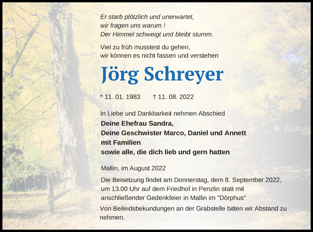  Traueranzeige für Jörg Schreyer vom 26.08.2022 aus Müritz-Zeitung