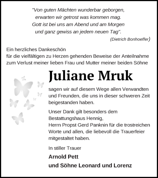 Traueranzeige von Juliane Mruk von Vorpommern Kurier