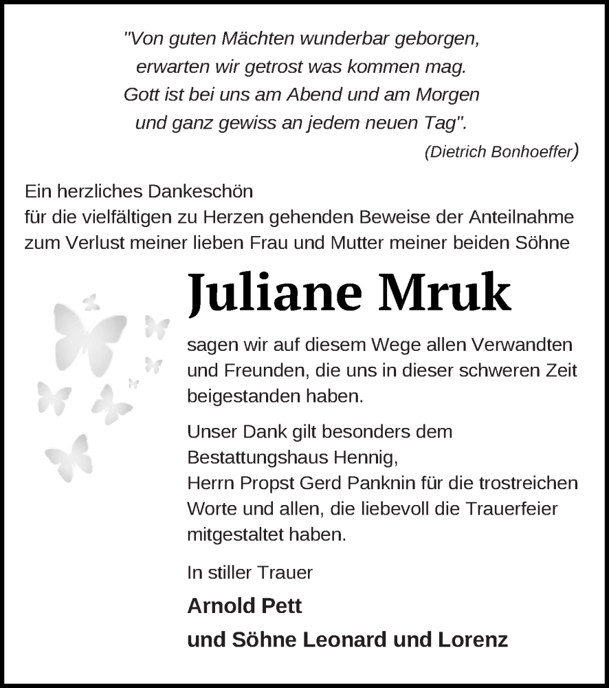  Traueranzeige für Juliane Mruk vom 27.08.2022 aus Vorpommern Kurier