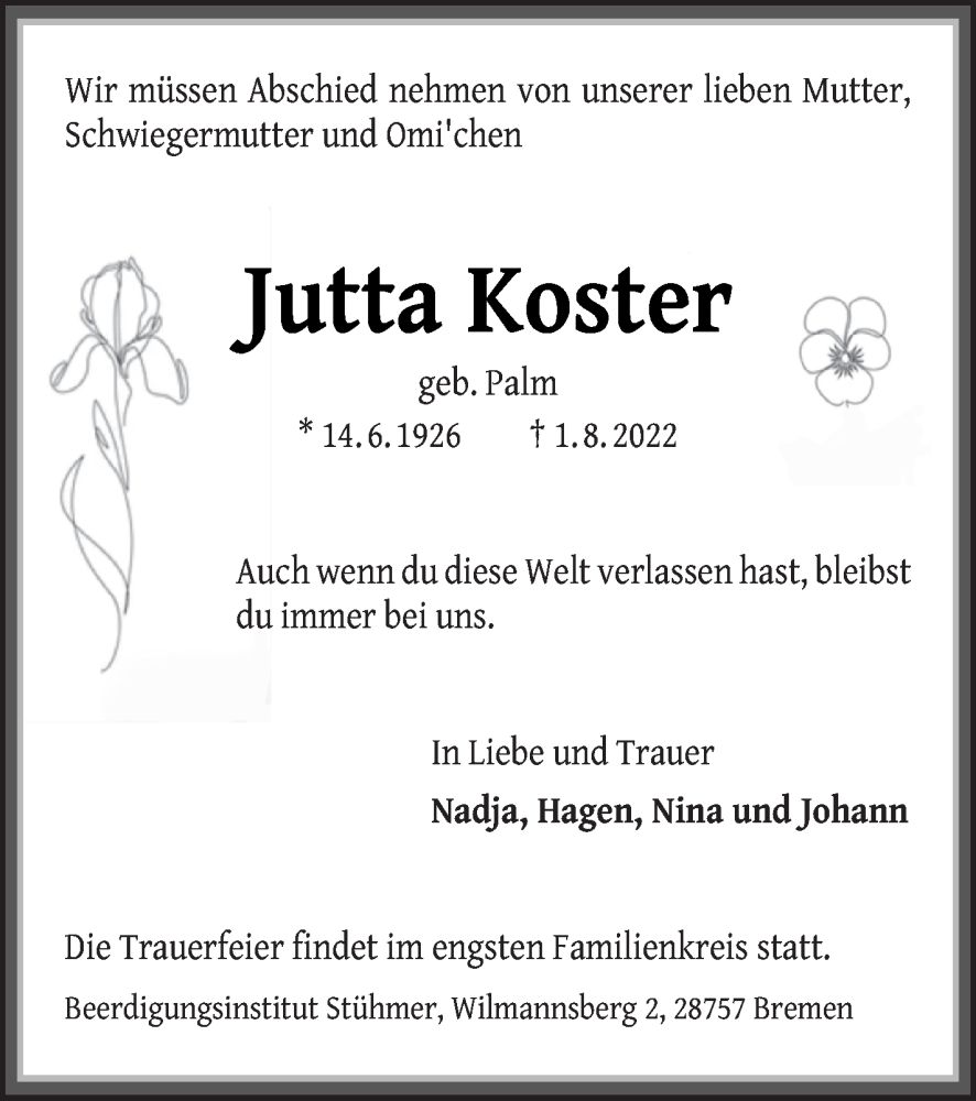  Traueranzeige für Jutta Koster vom 06.08.2022 aus Strelitzer Zeitung