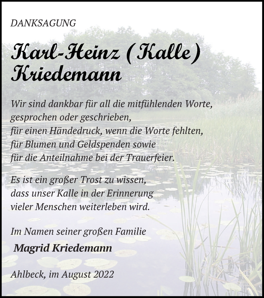  Traueranzeige für Karl-Heinz Kriedemann vom 13.08.2022 aus Haff-Zeitung